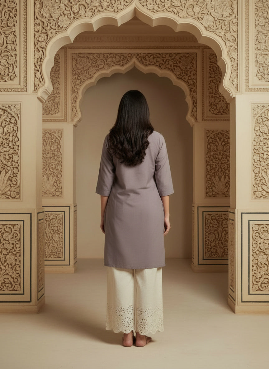 Floral Embroidered Notch Neck Straight Kurtis