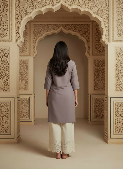 Floral Embroidered Notch Neck Straight Kurtis