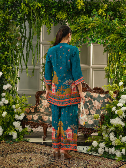 Teal Digital Print Co-ord Set with Heavy Handwork