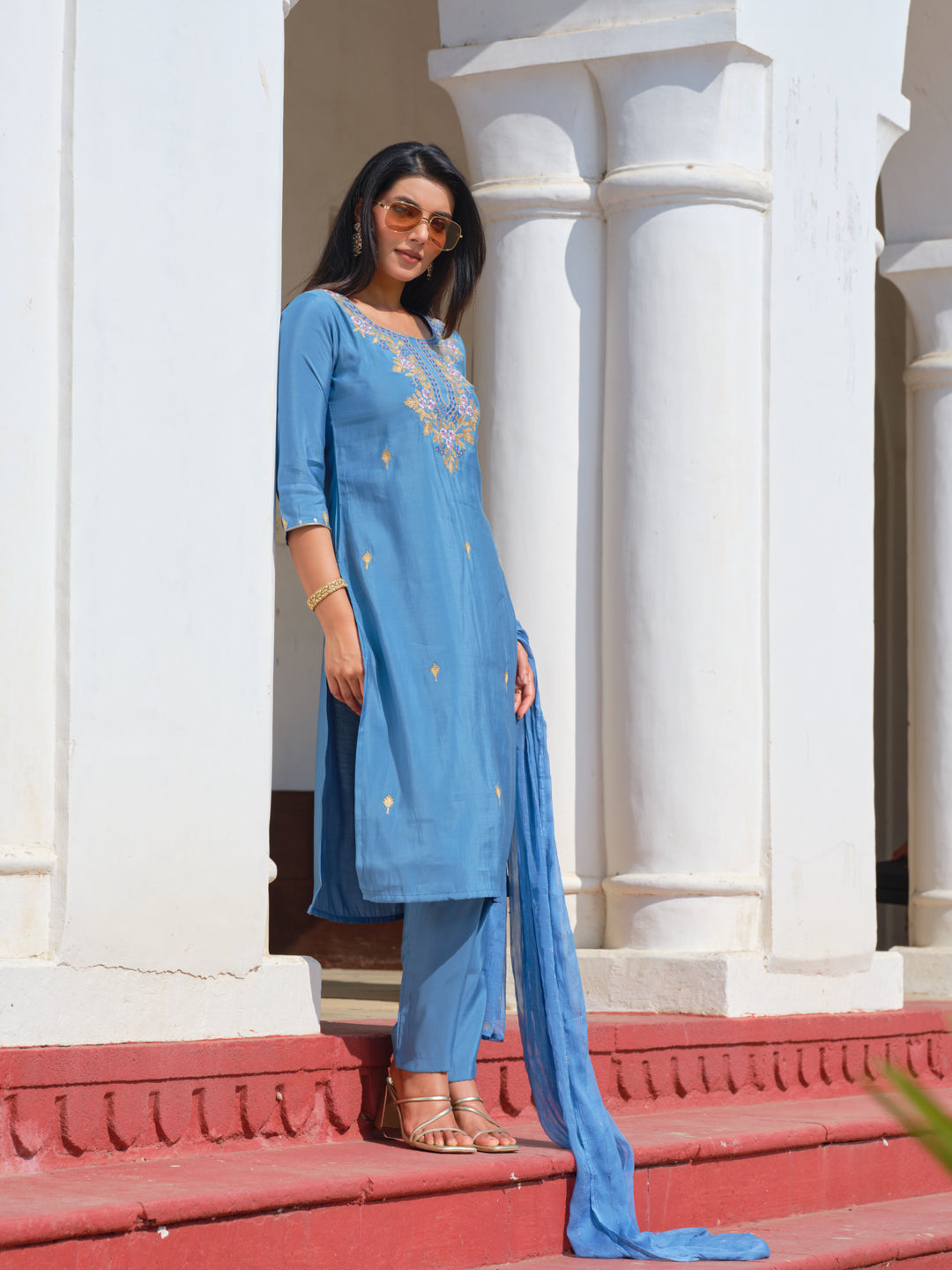 Embroidered Round Neck Straight Kurta & Trousers With Dupatta