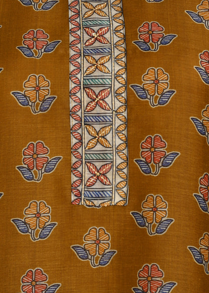 Women's Olive Green Ethnic Motif Printed Kurta with Kantha & Sequin Work, Paired with Trousers and Dupatta