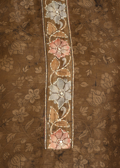 Women's Mustard Ethnic Motif Printed Kurta with Kantha & Sequin Work, Paired with Trousers and Dupatta