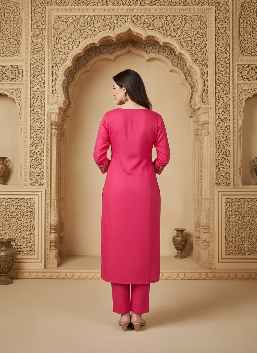 Embroidered Cotton Round Neck Straight Kurta & Trousers With Dupatta