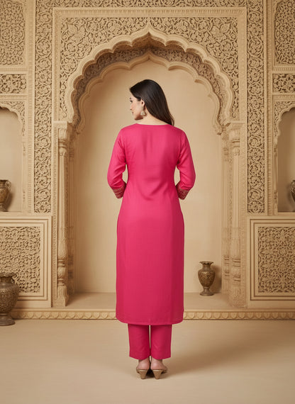Embroidered Cotton Round Neck Straight Kurta & Trousers With Dupatta
