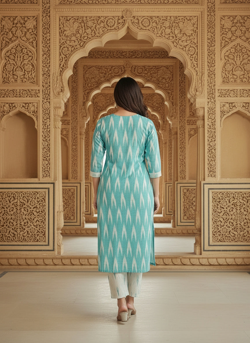 Embroidered Round Neck Straight Kurta & Trousers With Dupatta