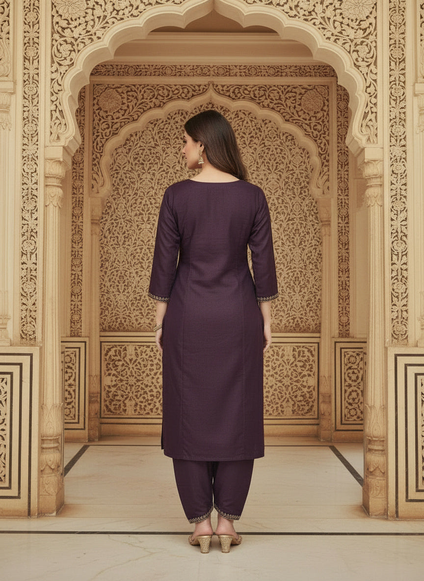 Embroidered Cotton Round Neck Straight Kurta & Trousers With Dupatta