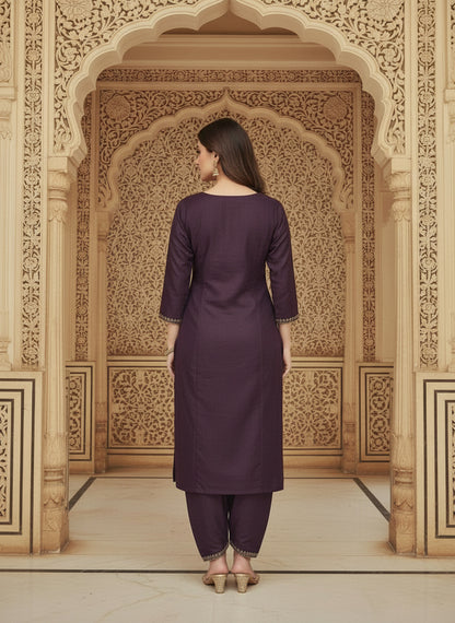Embroidered Cotton Round Neck Straight Kurta & Trousers With Dupatta