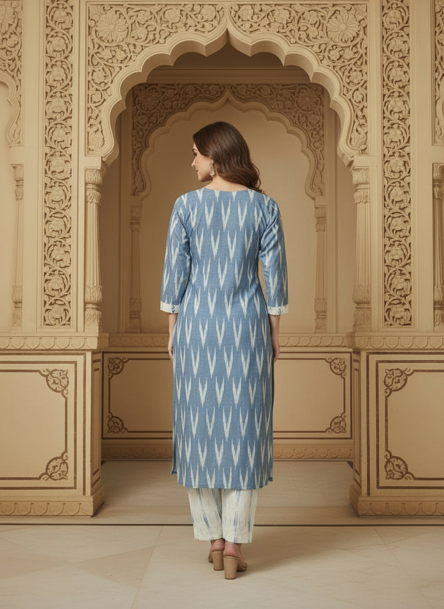 Embroidered Round Neck Straight Kurta & Trousers With Dupatta