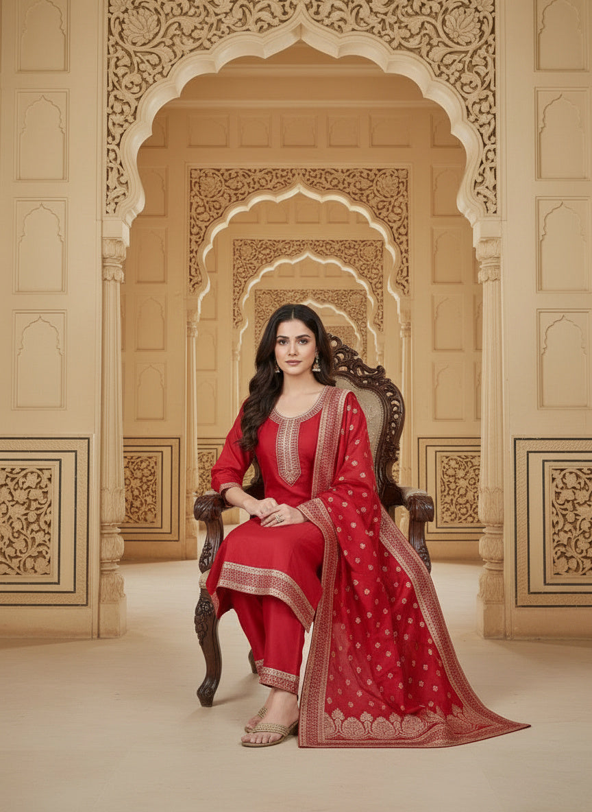 Embroidered Cotton Round Neck Straight Kurta & Trousers With Dupatta