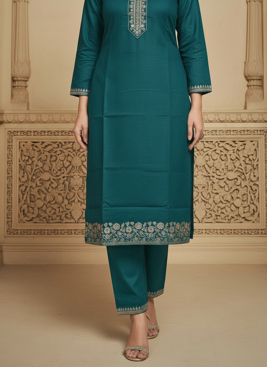 Embroidered Cotton Round Neck Straight Kurta & Trousers With Dupatta