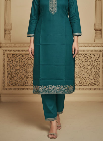 Embroidered Cotton Round Neck Straight Kurta & Trousers With Dupatta