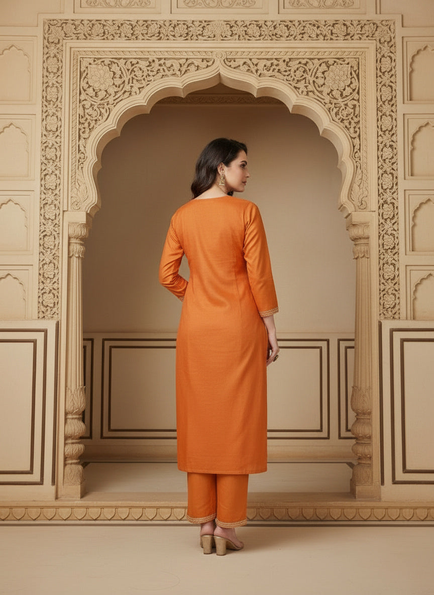 Embroidered Cotton Round Neck Straight Kurta & Trousers With Dupatta