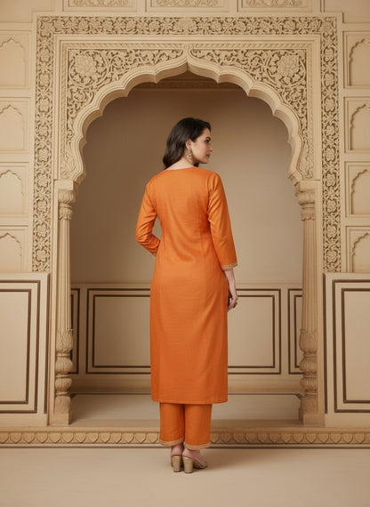 Embroidered Cotton Round Neck Straight Kurta & Trousers With Dupatta