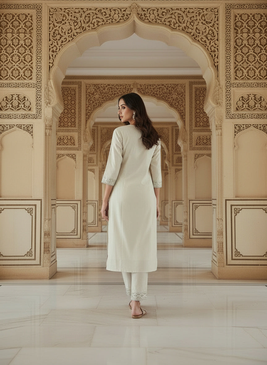 Embroidered Cotton Round Neck Straight Kurta & Trousers With Dupatta