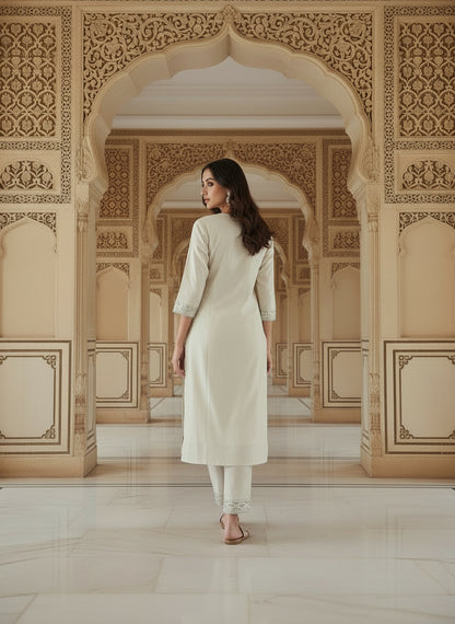 Embroidered Cotton Round Neck Straight Kurta & Trousers With Dupatta