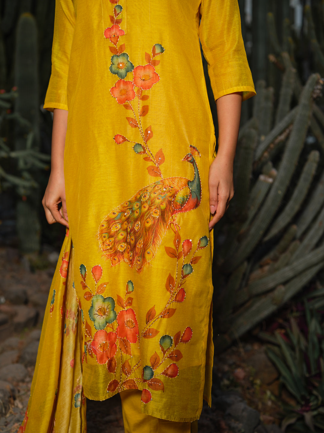 Embroidered Round Neck Straight Kurta & Trousers With Dupattta