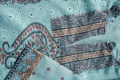 Printed Mandarin Collar Kurta & Trousers With Dupatta