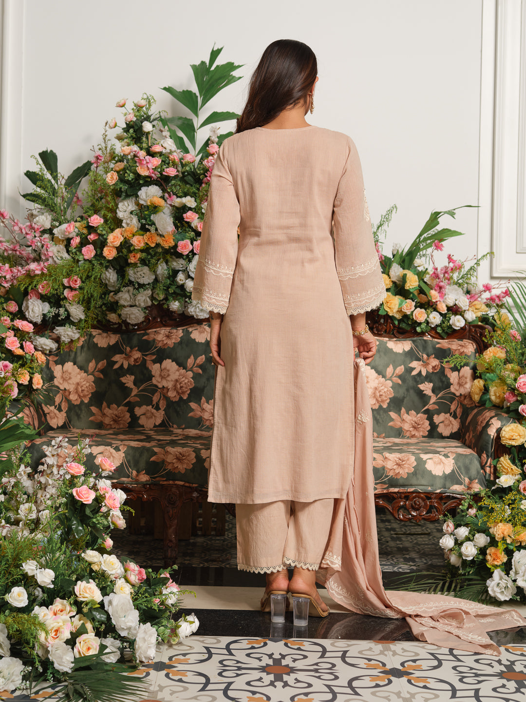 Beige & Pink Embroidered A-Line Kurta Set with Palazzos & Dupatta