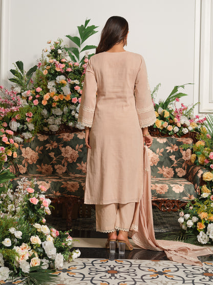 Beige & Pink Embroidered A-Line Kurta Set with Palazzos & Dupatta