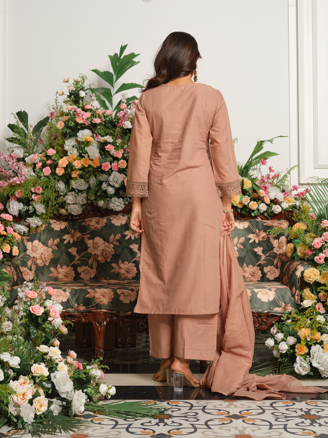 Brown Embroidered Cotton Blend V-Neck Kurta Set with Dupatta