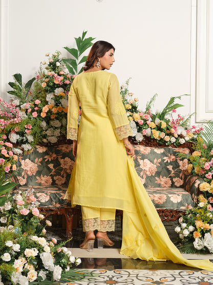 Yellow Embroidered A-Line Mal Chanderi Kurta Set with Dupatta.