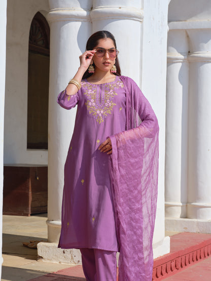 Embroidered Round Neck Straight Kurta & Trousers With Dupatta