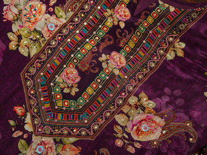 Wine & Purple Crepe Silk Floral Printed Kurta Set with Dupatta