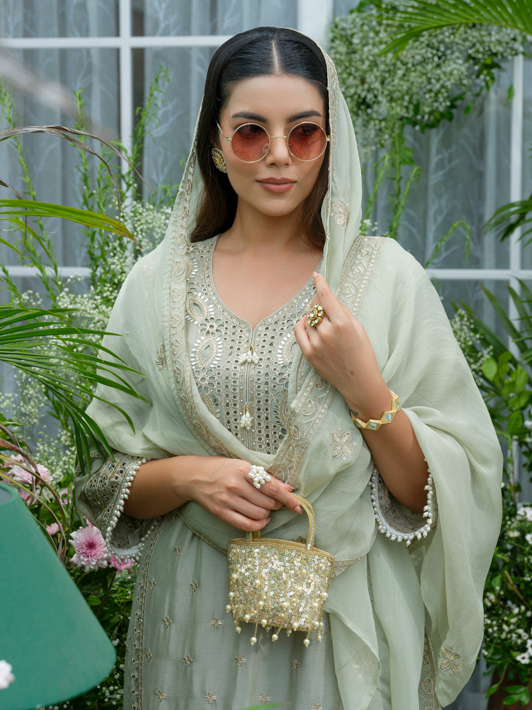 Embroidered Mirror and Cut Work Pakistani Kurta with Trouser and Dupatta Set