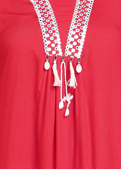 Red Rayon Slub Kurti with White Embroidered Lace Detailing