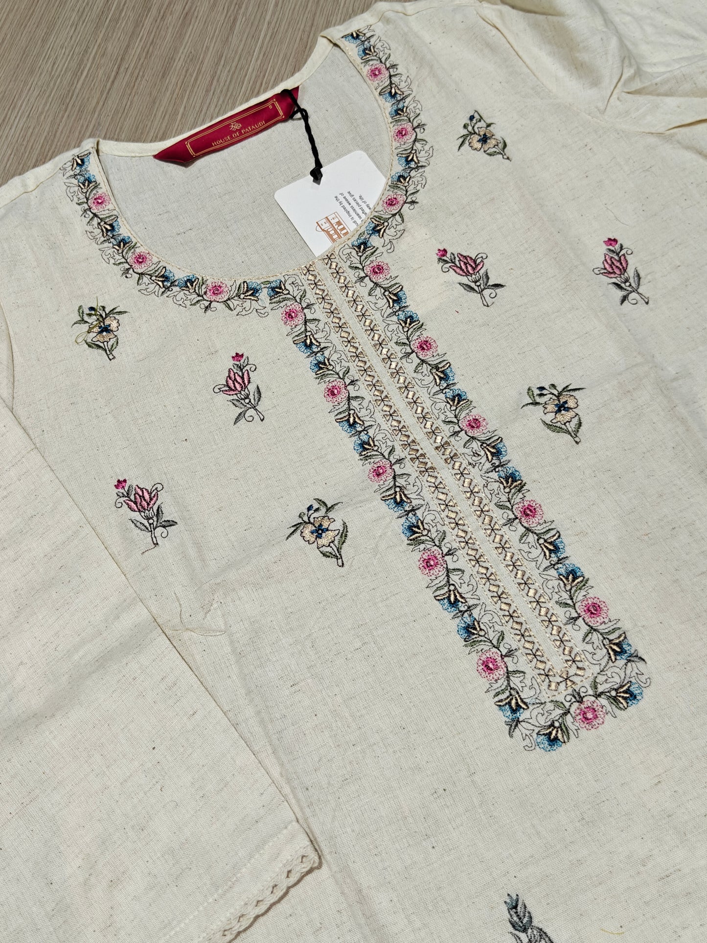 Off-White Embroidered Kurta Set with Trousers and Printed Dupatta for Women