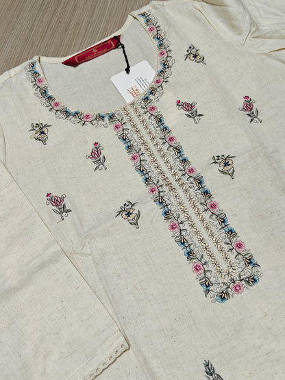 Off-White Embroidered Kurta Set with Trousers and Printed Dupatta for Women