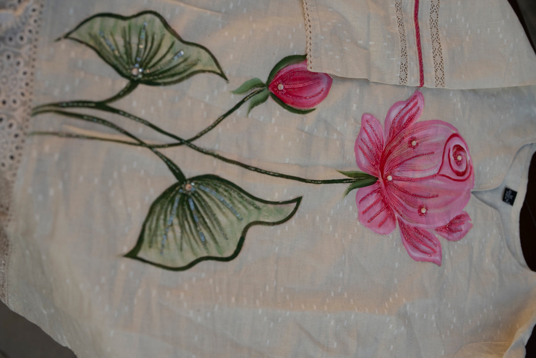 Hand-Painted Pink Lotus Cotton Kurta Set with Wide-Leg Pants