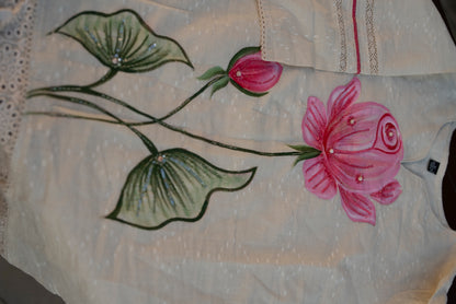 Hand-Painted Pink Lotus Cotton Kurta Set with Wide-Leg Pants