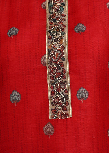 Women's Red Ethnic Motif Printed Kurta with Kantha & Sequin Work, Paired with Trousers and Dupatta