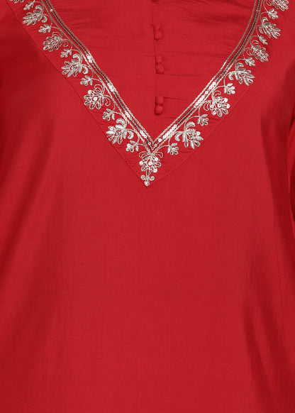Elegant Red Embroidered Co-ord Set with Bell Sleeves