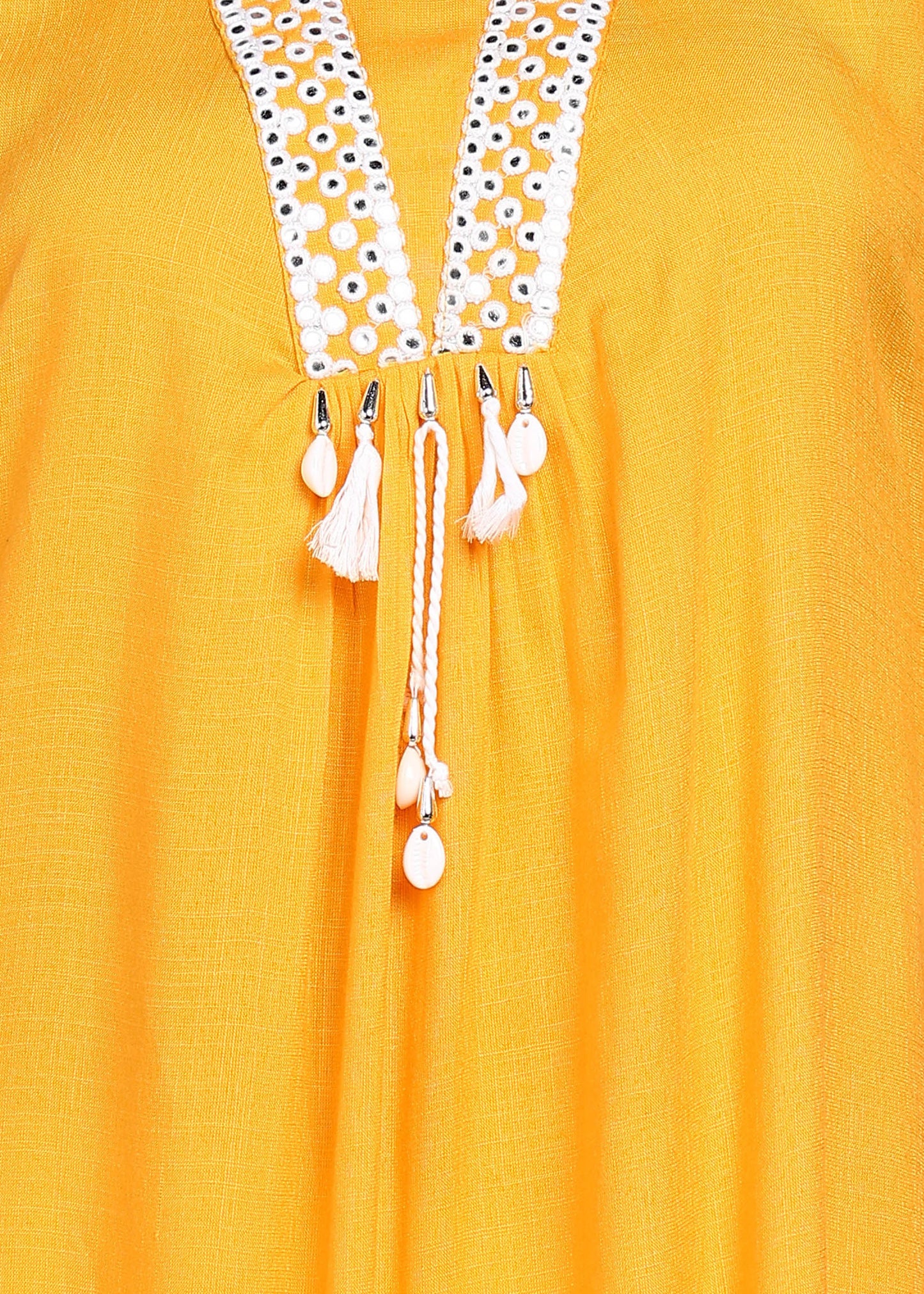 Mustard Rayon Slub Kurti with White Embroidered Lace Detailing