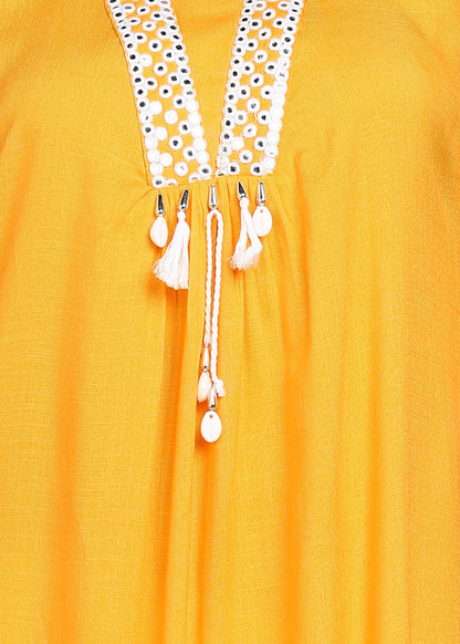 Mustard Rayon Slub Kurti with White Embroidered Lace Detailing