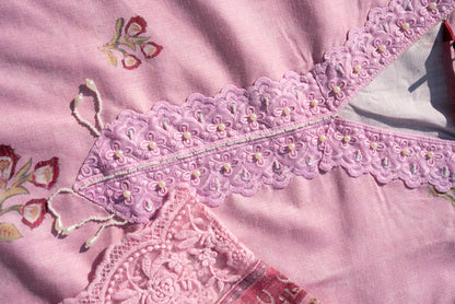 Powder Pink Linen Straight Kurta Set with Pearl Embellished Neckline