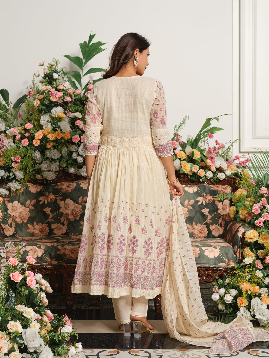 Embroidered Pure Cotton V-Neck Kurta & Trousers With Dupatta