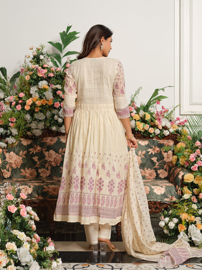 Embroidered Pure Cotton V-Neck Kurta & Trousers With Dupatta