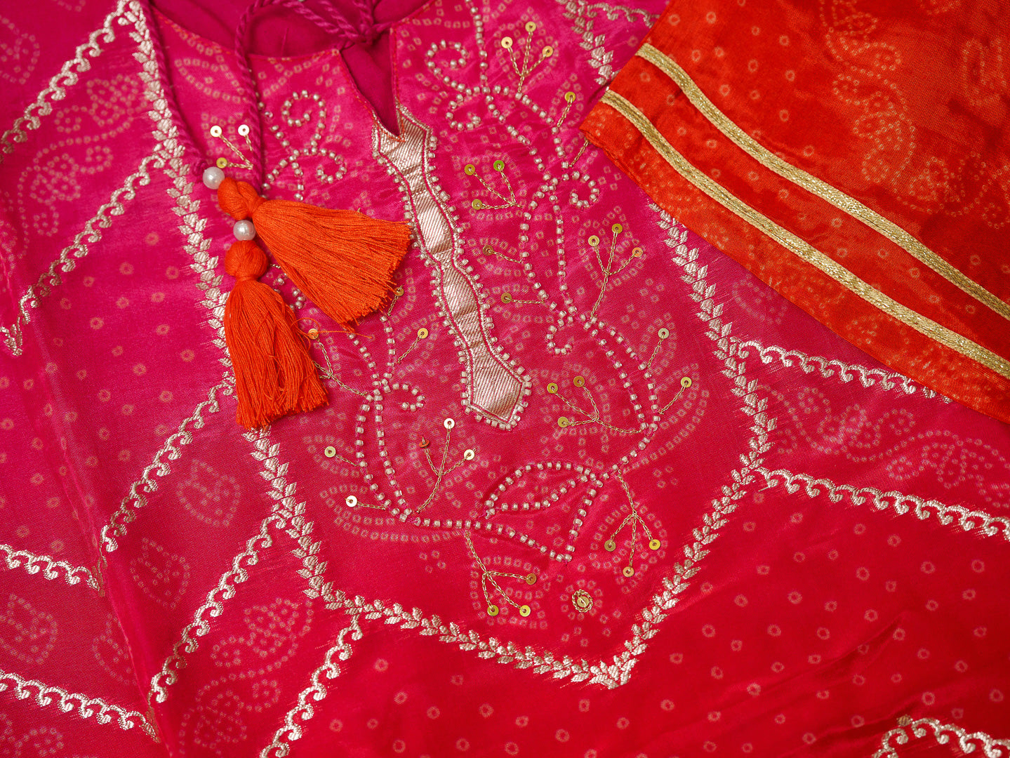Pink Crepe Silk Handwork Kurta Set with Chiffon Dupatta