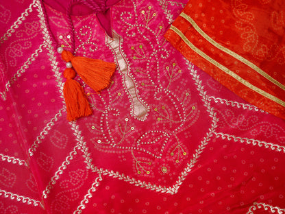 Pink Crepe Silk Handwork Kurta Set with Chiffon Dupatta