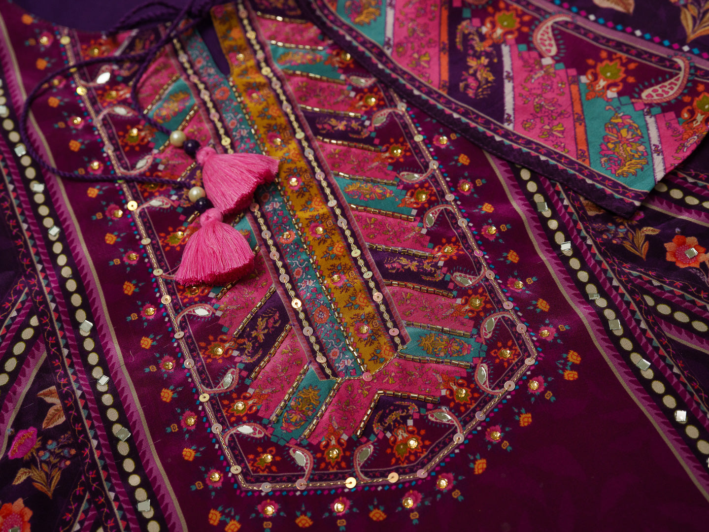 Wine & Purple Digital Print Kurta Set with Heavy Handwork