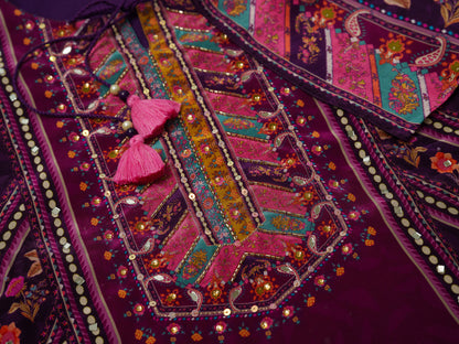 Wine & Purple Digital Print Kurta Set with Heavy Handwork