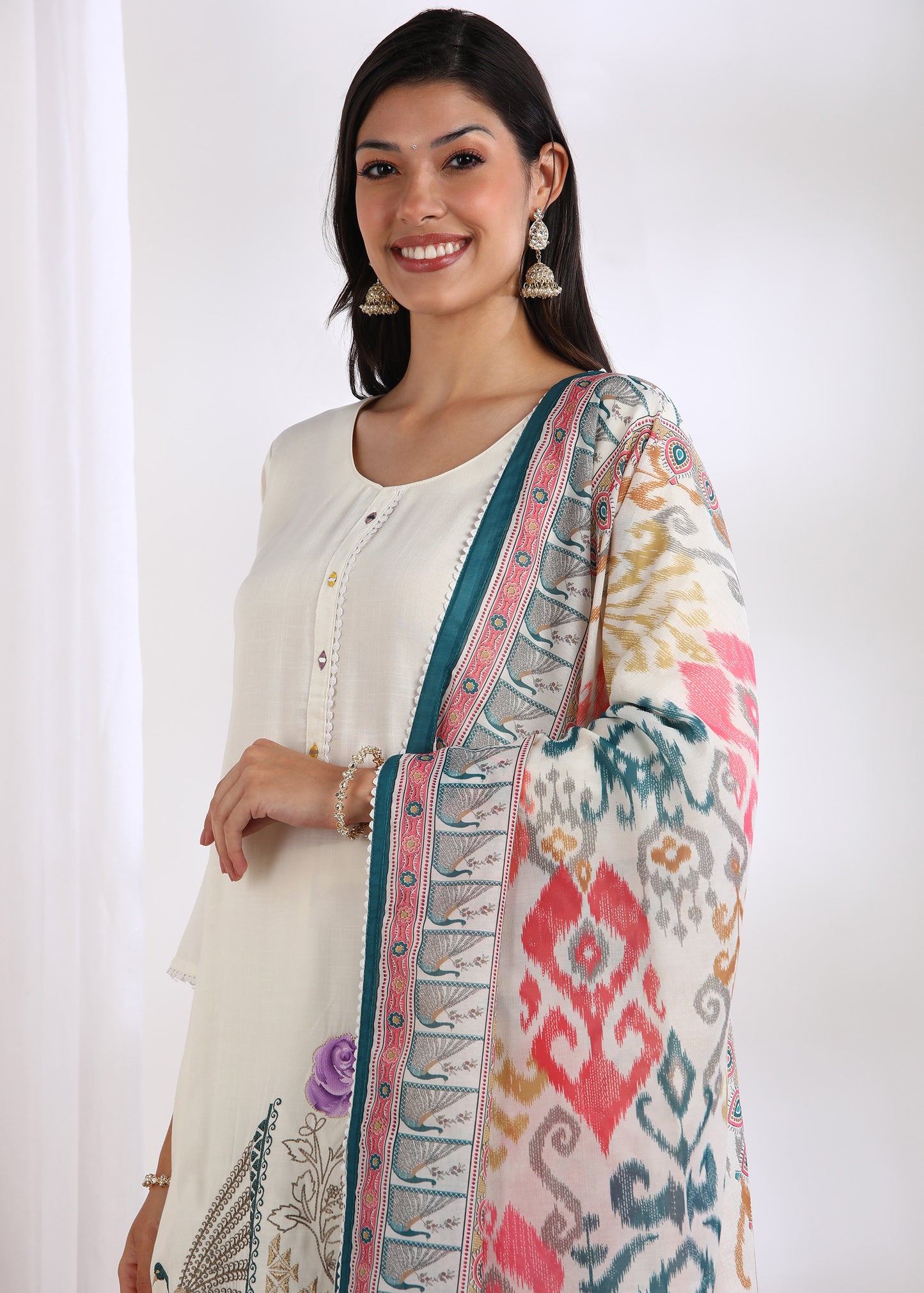 Off-White Rayon Embroidered Kurta Set with Mirror Work & Printed Muslin Dupatta