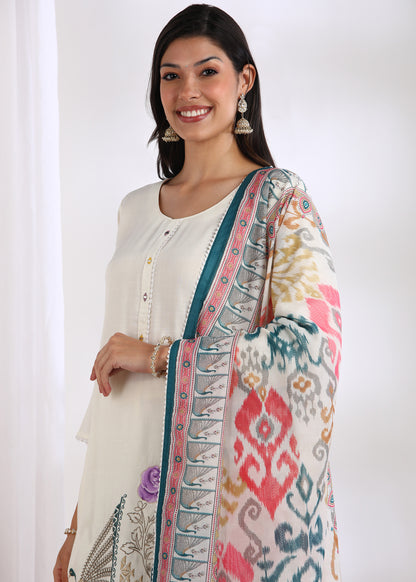 Off-White Rayon Embroidered Kurta Set with Mirror Work & Printed Muslin Dupatta