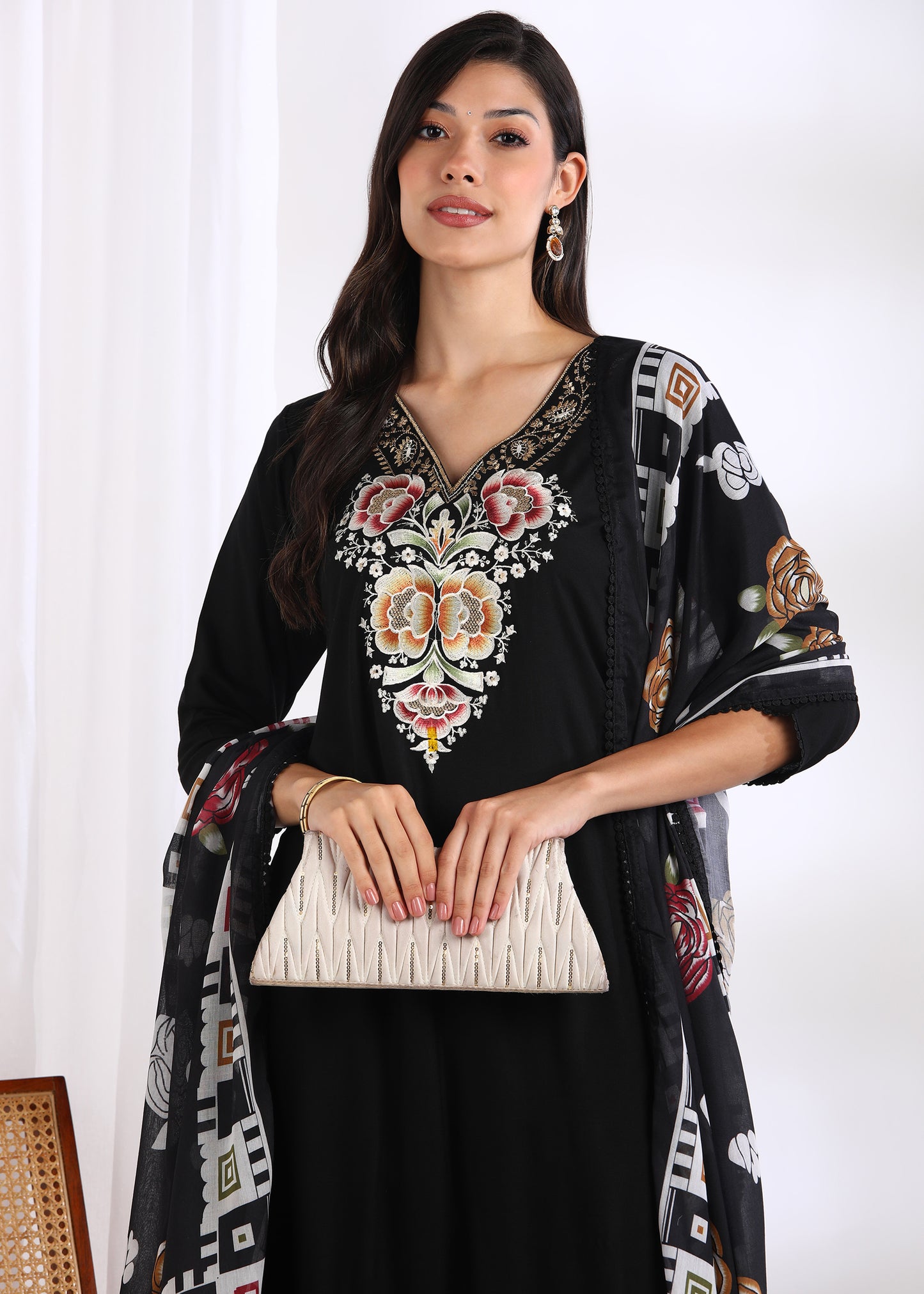 Women Black Rayon Embroidered Kurta Set with Printed Cotton Dupatta
