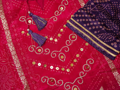 Pink & Violet Crepe Silk Printed Kurta Set with Dupatta