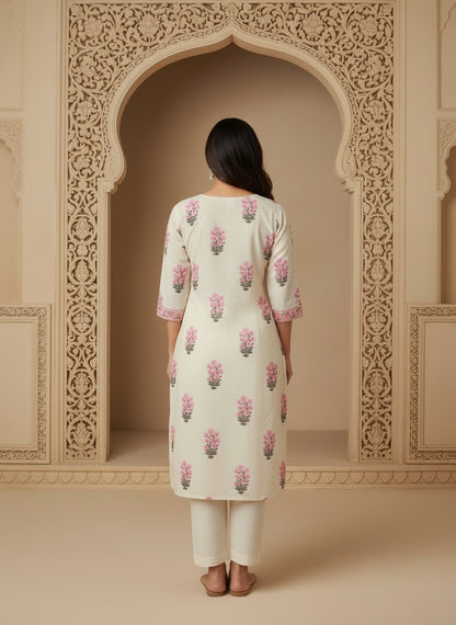 Printed Cotton V-Neck Calf Length Straight Kurta