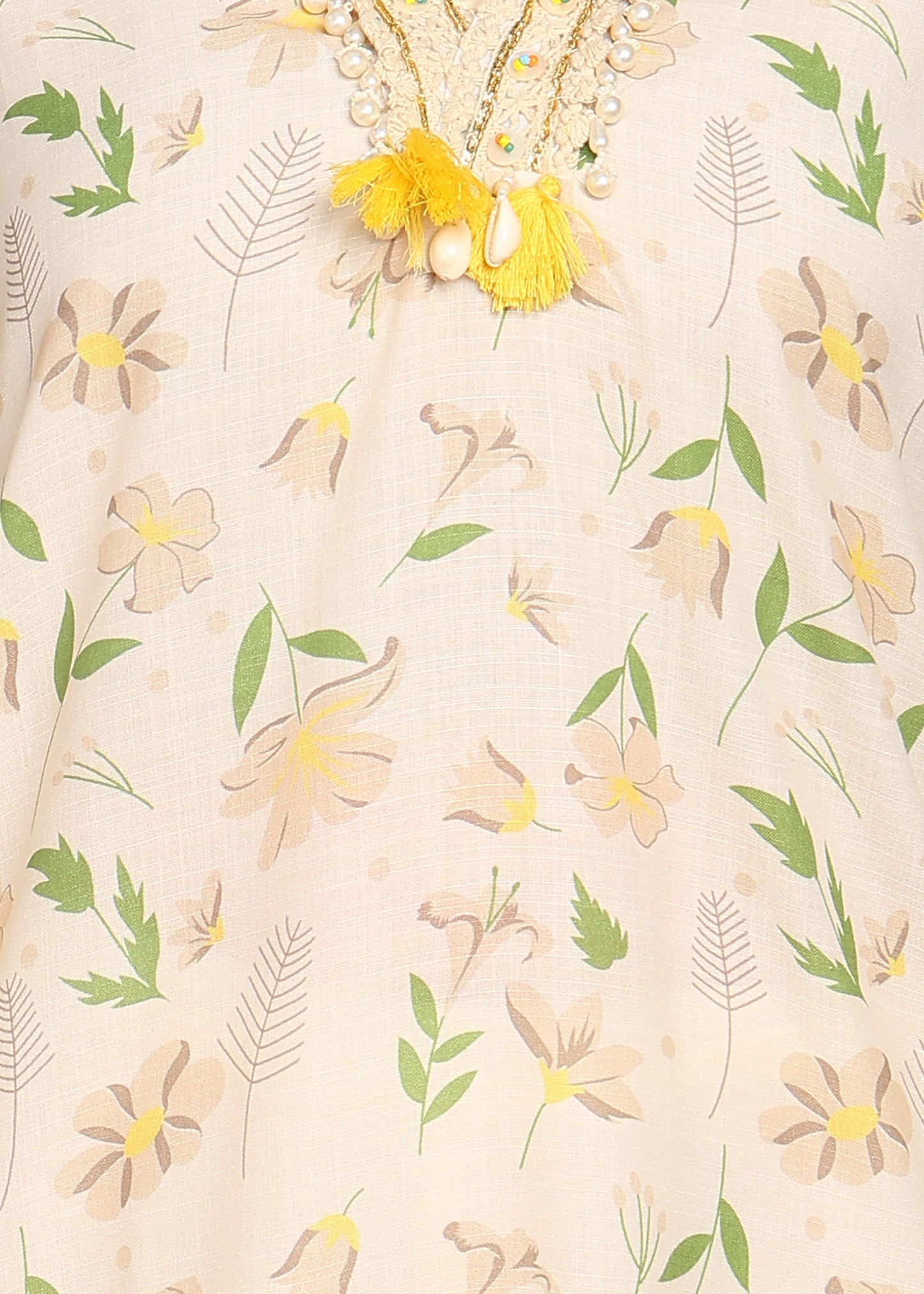 Elegant Floral Printed Kurta with Embellished Neckline